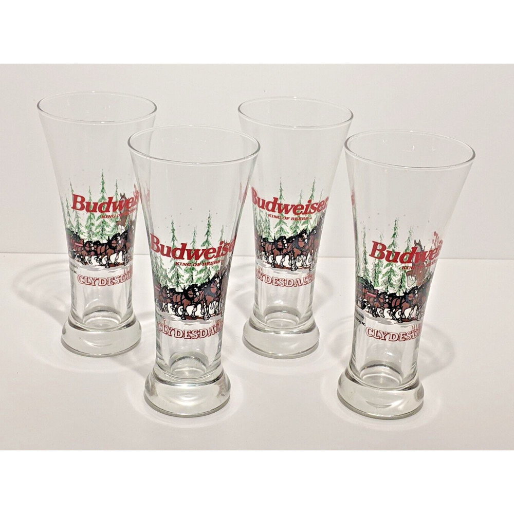 Budweiser Clydesdale Pilsner Glasses 1989 12 oz 7.25"H Beer Drink Decor Set 4